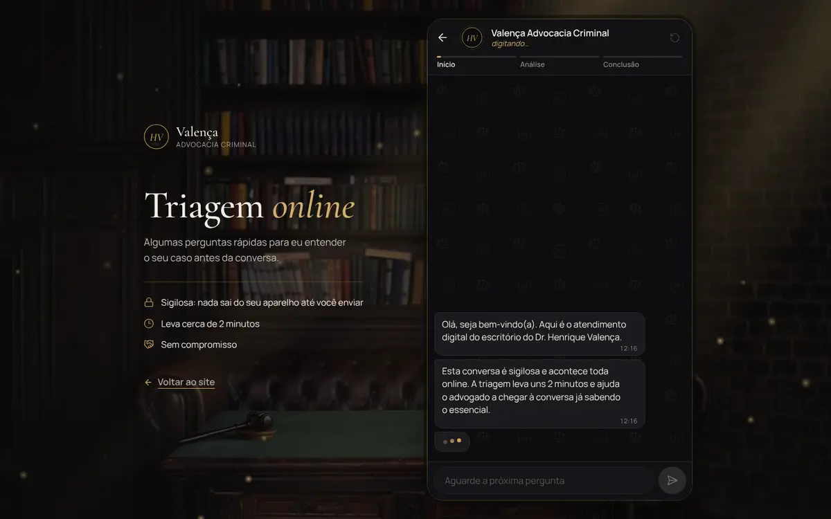 Página de triagem online da Valença Advocacia Criminal